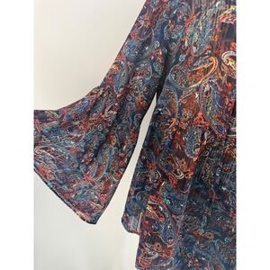 Relativity Womens XL Paisley Bell Sleeve Blouse Navy Orange Boho Tie V-Neck